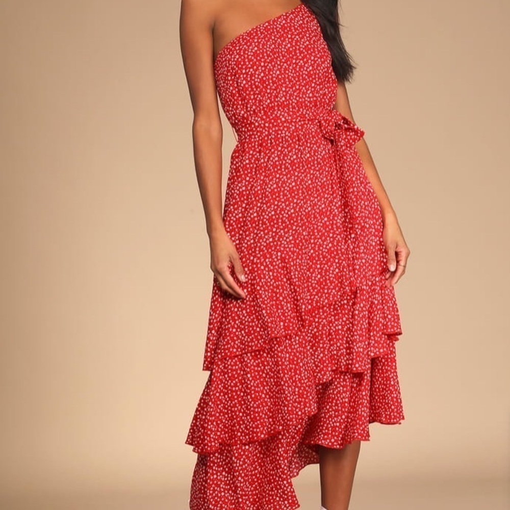 Lulu’s Slice of Sunshine Red Floral Print One-Shoulder Midi Dress size M